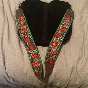 Vintage black suede hobo bag with guitar colorful strap